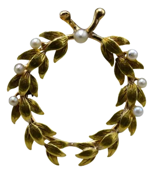 The Cascabel: Ladies 14K Gold Leaf Brooch/Pendant set with Seed Pearls
