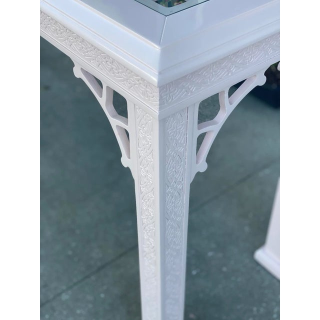 Peach Vintage John Stuart Palm Beach Coral Lacquered Fretwork Glass Top Console Table For Sale - Image 8 of 13