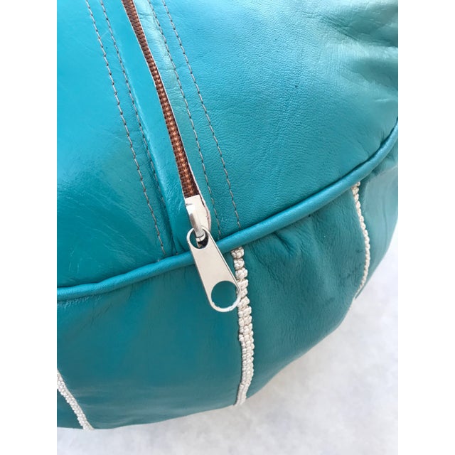 Metal Blue Turquoise Moroccan Leather Pouf Cover For Sale - Image 7 of 9