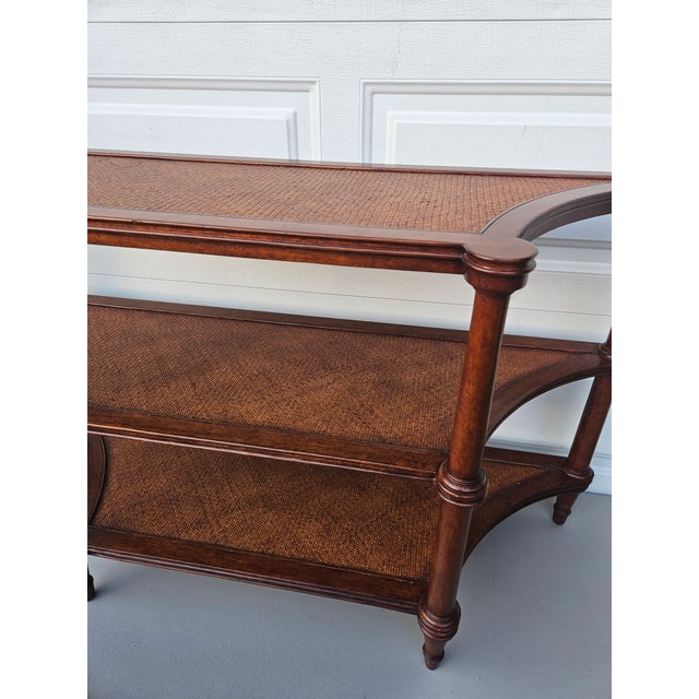 1990s Ethan Allen Three Tier Rattan Legacy Collection Entryway Console Table For Sale In Philadelphia - Image 6 of 11