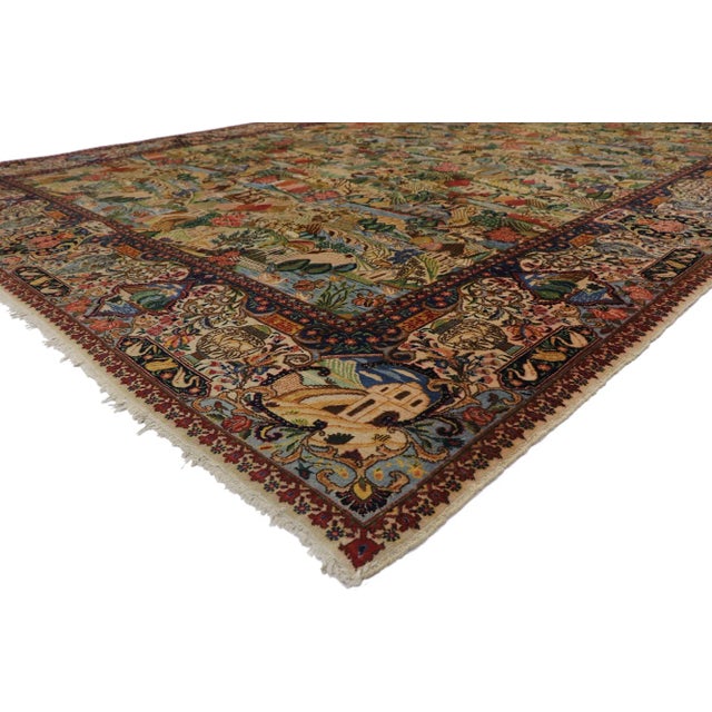 Antique Persian Tabriz Village Pictorial Rug with Signature 11'02 x 14'07. Full of tiny details with a village scene, this...