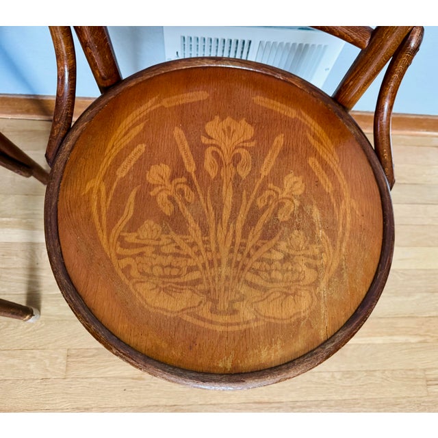 Pair Antique J & J Kohn Mundus Model 337 Bentwood Cafe Chairs Iris Marquetry Seats For Sale - Image 13 of 17