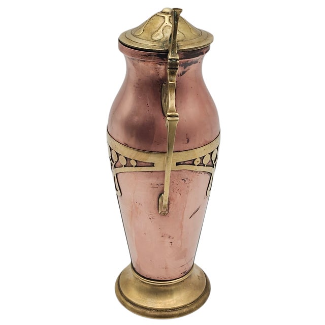 Art Nouveau Jugendstil Copper and Brass Lidded Tankard or Flagon, 13” For Sale - Image 4 of 12