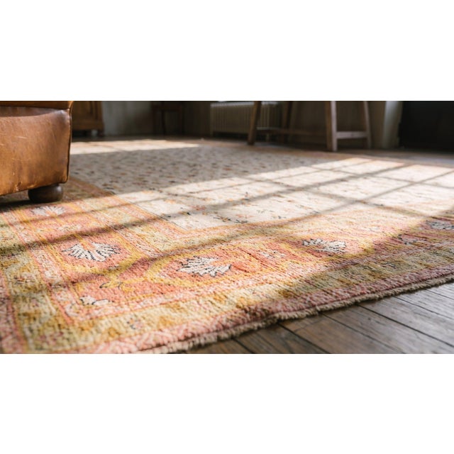 Pretty Yellow Color and Pink Border Doubled Palmettes Floral Design Antique Indian Agra Rug For Sale In New York - Image 6 of 8