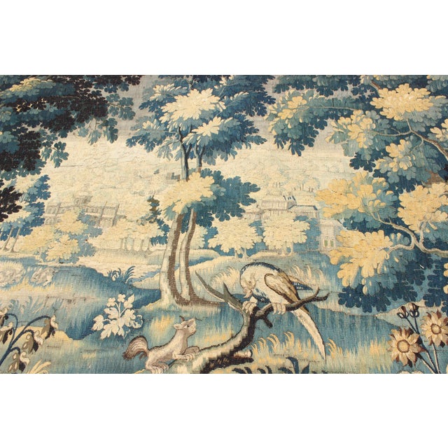 Textile 17th Century Antique Tapestry With Woodland Scene and Floral Border in Blue Tone For Sale - Image 7 of 11