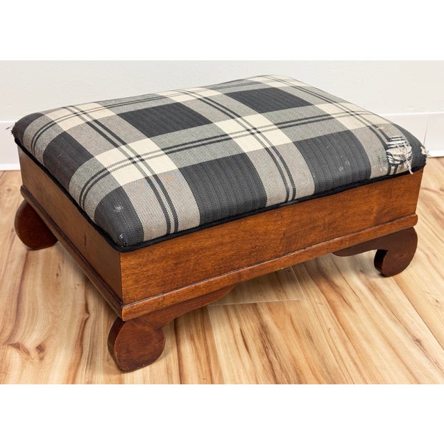 Antique Early American Plaid Upholstery Strorage Footstool For Sale - Image 4 of 10