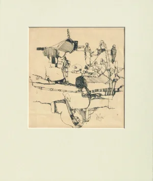 1970s Abstract Figures and Landscape Drawing by David Rosen