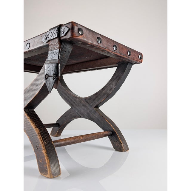 Wood Colonial Curul Stool in Leather and Wrought Iron, Mexico, 1940s For Sale - Image 7 of 18