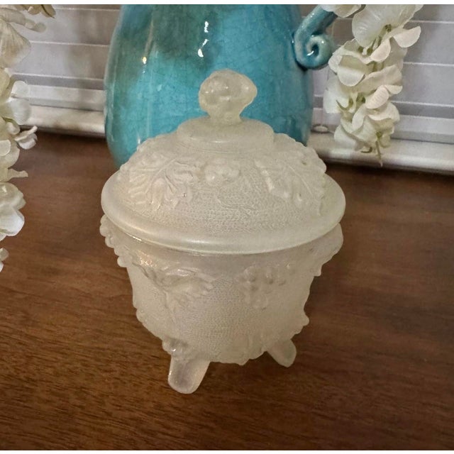 Vintage Portieux Vallerysthal covered candy dish, made in France. Frosted glass with grape and leaf motif on the lid and...