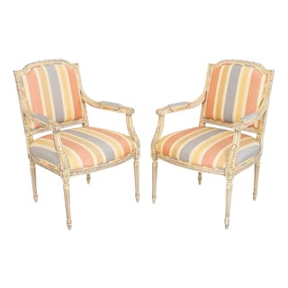17th Century French Louis XVI Style Upholstered Armchairs - Set of 2 For Sale