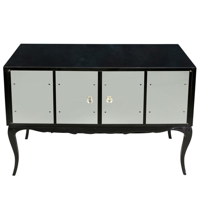 Hollywood Regency Pair of Hollywood Regency Black Glass and Mirror Cabinets With Cabriole Legs For Sale - Image 3 of 7