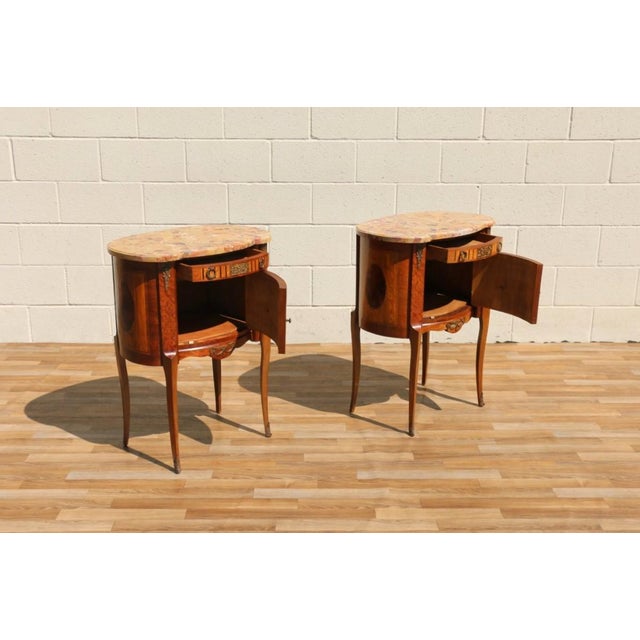 Art Deco Pair Antique French Louis XV Style Marble Top Inlaid Wood Nightstands, Circa 1940s For Sale - Image 3 of 18