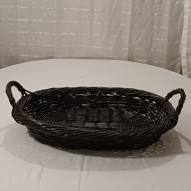 Mid 20th Century Vintage Large French Natural Hand Woven Black Wicker Serving Tray For Sale - Image 12 of 12