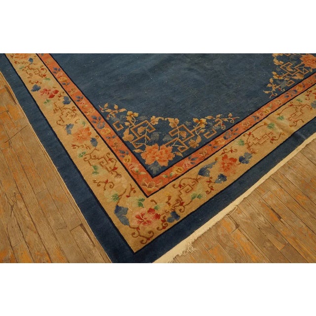 1920s Blue Open Floral Antique Chinese Art Deco Rug 6'9" X 10'8" Wool Knotted Carpet For Sale - Image 10 of 12
