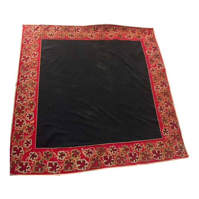 Large Antique Embroidered Textile Wall Hanging With Raised Floral Border — Possibly Portuguese For Sale