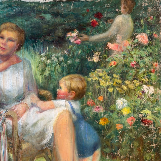 1960s Impressionist Oil Painting: Listed Maine Artist Emily Muir (1904–2003) Large Figural Garden Scene With Mother and Children, Oil on Canvas For Sale In Portland, ME - Image 6 of 8