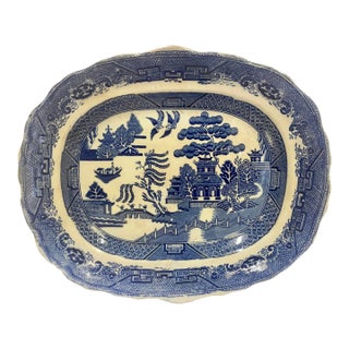 Antique Blue Willow Serving Platter With a Unique Scalloped Edge From England - Circa 19th Century For Sale