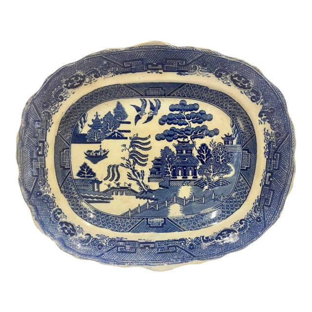 Antique Blue Willow Serving Platter With a Unique Scalloped Edge From England - Circa 19th Century For Sale