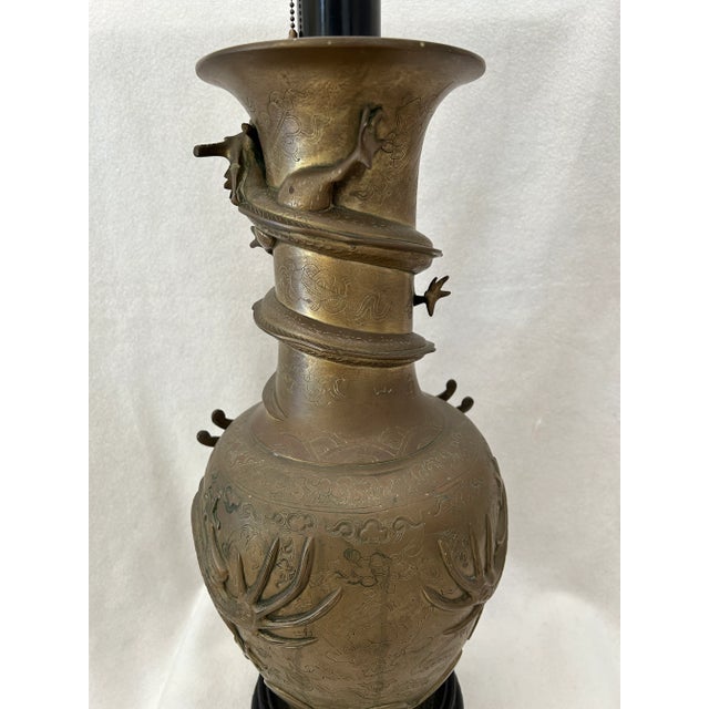 Antique Chinese Bronze Relief Dragon Vase Double Socket Table Lamp For Sale - Image 4 of 12