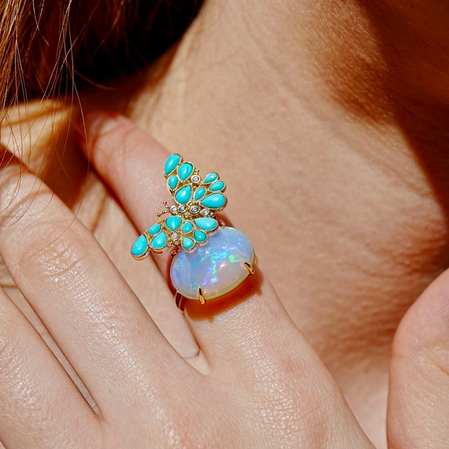 14K Yellow Gold 1 Piece 13 x 18 mm Natural Opal｜Fire｜Oval｜Eye Clean Opal CTW: 8.00 Natural Turquoise｜Pear｜Eye Clean...