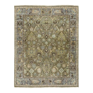 Modern Indian Heriz Style Wool Rug Handmade in Muted Green With Allover Design For Sale