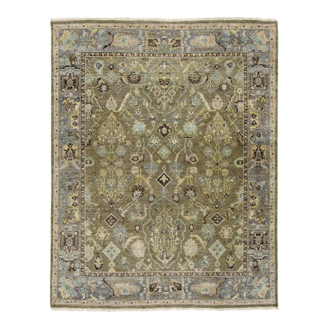 Modern Indian Heriz Style Wool Rug Handmade in Muted Green With Allover Design For Sale