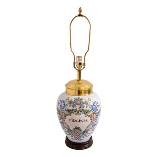 1980s Attributed to Delft Porcelain Williamsburg Virginia Tobacco Jar Lamp For Sale