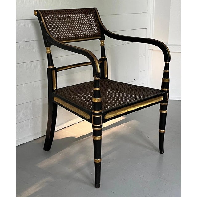 Antique Early 19th Century English Regency Ebonized, Gilt & Caned Side Arm Chair Circa 1810 For Sale In New York - Image 6 of 13