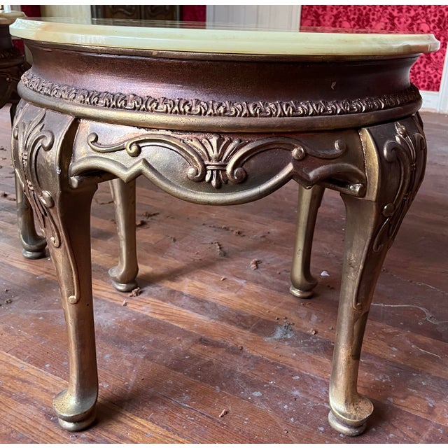 Vintage Hollywood Regency Round Onyx-Top Side Tables (2) | Gilt Carved Base | Mid-Century For Sale - Image 9 of 10