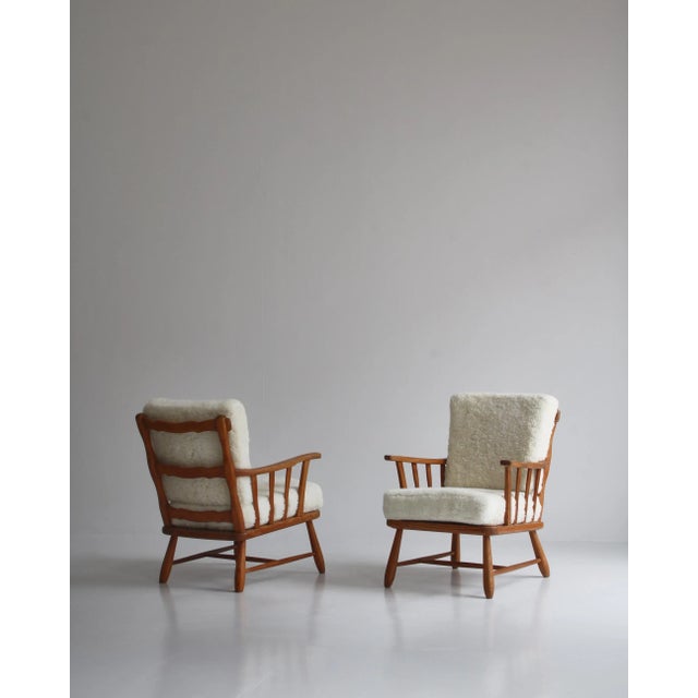 Wood Set of Pinewood & Sheepskin Lounge Chairs, Sweden, 1940s For Sale - Image 7 of 18