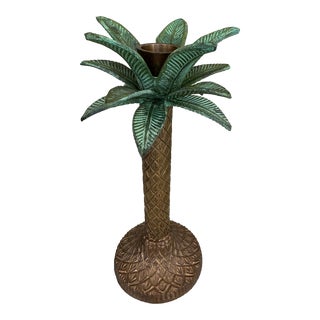 Vintage Enameled Solid Brass Palm Tree Candleholder For Sale