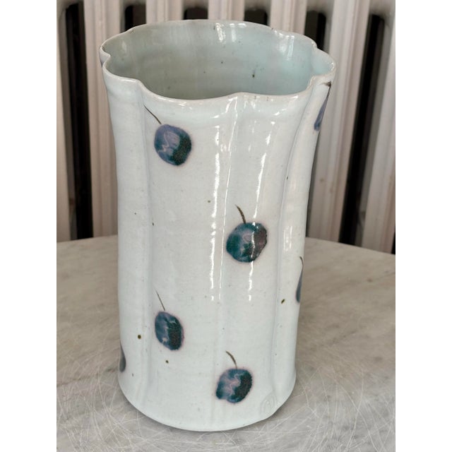 Contemporary 1990s Tall Folk Art Berry Scalloped Pottery Vase, Signed For Sale - Image 3 of 10