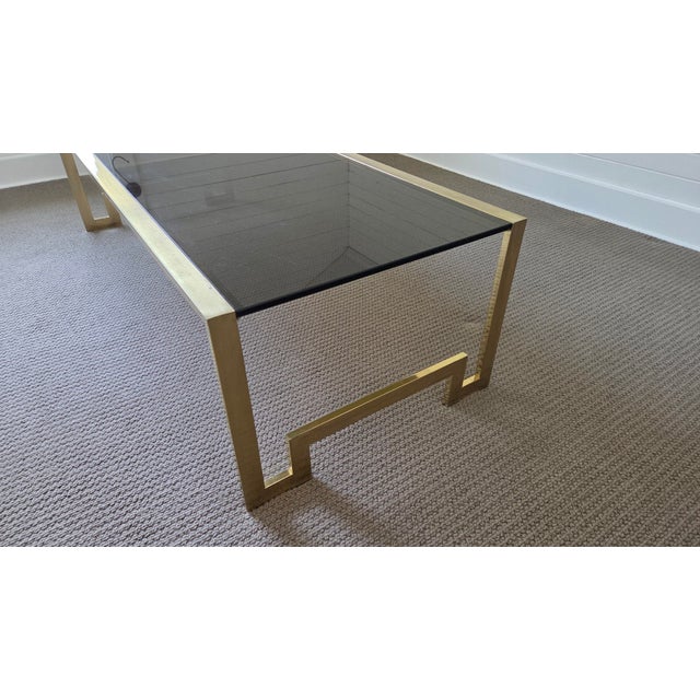 DIA - Design Institute America Vintage 1970s Design Institute of America Brass & Smoked Glass Coffee Table – Greek Key Design For Sale - Image 4 of 12