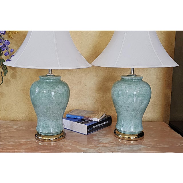 Pair of Vintage Celadon Glazed Ceramic Ginger Jar Table Lamps For Sale - Image 18 of 18