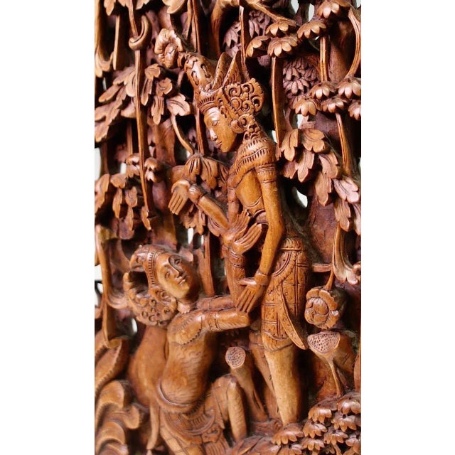 Wood Balinese Hand Carved Wood Sculptural Wall Panels, Rama & Sita From the Ramayana Epic Saga, Three Dimensional For Sale - Image 7 of 12