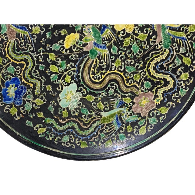 Vintage Chinese Black Base Mixed Color Phoenix Graphic Porcelain Plate Display For Sale In San Francisco - Image 6 of 9