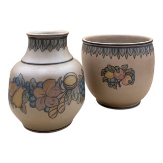 Vintage Hjorth Bornholm Danish Pottery Pair, Scandinavian Studio Ceramic Vase & Cachepot For Sale