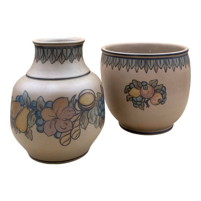 Vintage Hjorth Bornholm Danish Pottery Pair, Scandinavian Studio Ceramic Vase & Cachepot For Sale
