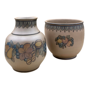 Vintage Hjorth Bornholm Danish Pottery Pair, Scandinavian Studio Ceramic Vase & Cachepot