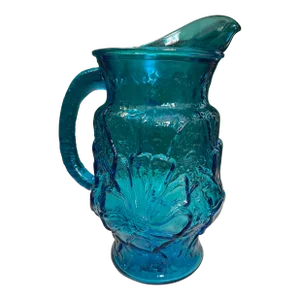 Vintage Blue Daisy Glass Pitcher