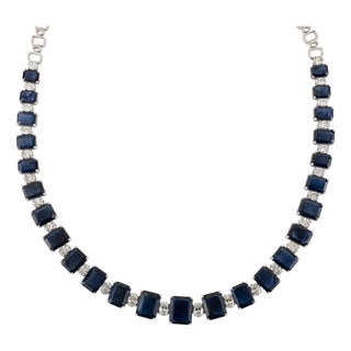 VRJewels 47.64Ct Blue Sapphire & 6.19Ct Diamond Tennis Necklace in 18k White Gold For Sale