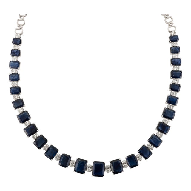 VRJewels 47.64Ct Blue Sapphire & 6.19Ct Diamond Tennis Necklace in 18k White Gold For Sale