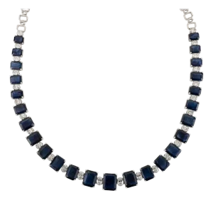 VRJewels 47.64Ct Blue Sapphire & 6.19Ct Diamond Tennis Necklace in 18k White Gold
