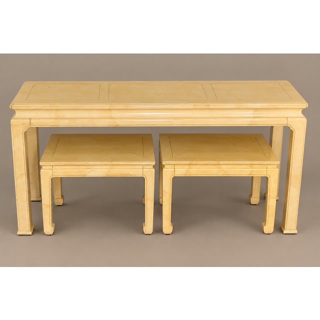 Wood Henredon Ming Goatskin Console Table With Two Stools 1970's For Sale - Image 7 of 11