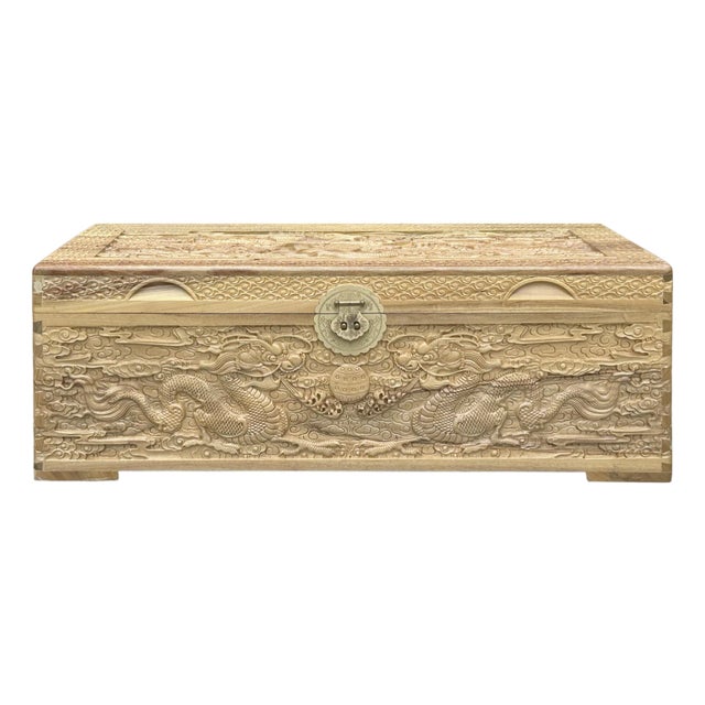 Light Tan Brown Dragon Carving Camphor Wood Trunk Chest For Sale