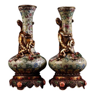 Pair of Vintage Chinese Famille Rose Porcelain Vases, Applied Gilded Dragon Sculpture & Gemstone Inlaid Filigree Base, Chinoiserie Matching Vase Set For Sale