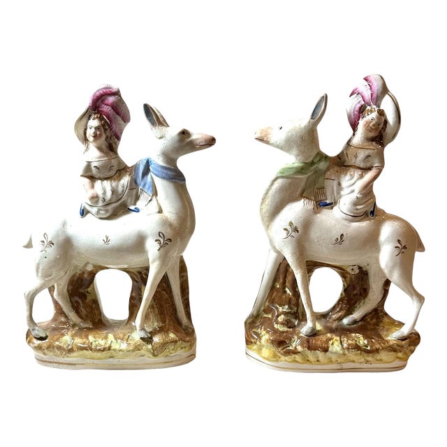 Mid 19th Century Staffordshire Figures of Girls Sitting on Deer - a Pair For Sale