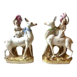 Mid 19th Century Staffordshire Figures of Girls Sitting on Deer - a Pair