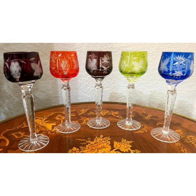 1950s Vintage Bohemian Czech Cut to Clear Crystal Cordial Glasses Harlequin Set of 5 For Sale - Image 5 of 6