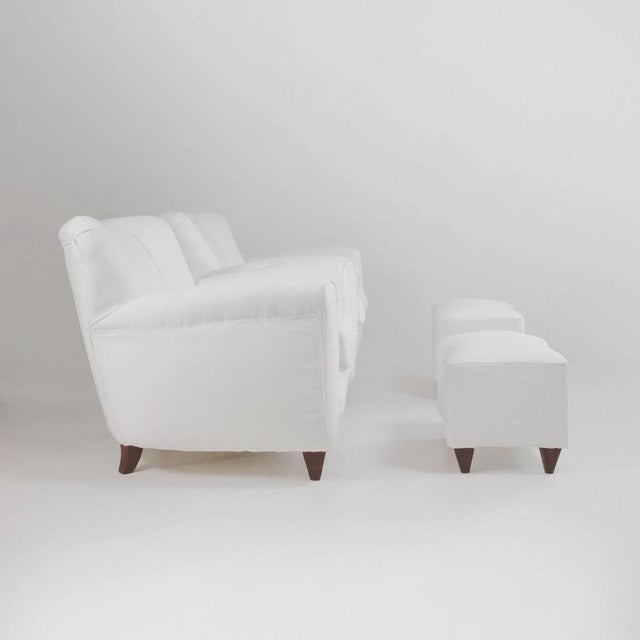 Set of Italian Armchair and Ottoman in White Fabric, Italy, 1940s For Sale - Image 6 of 17
